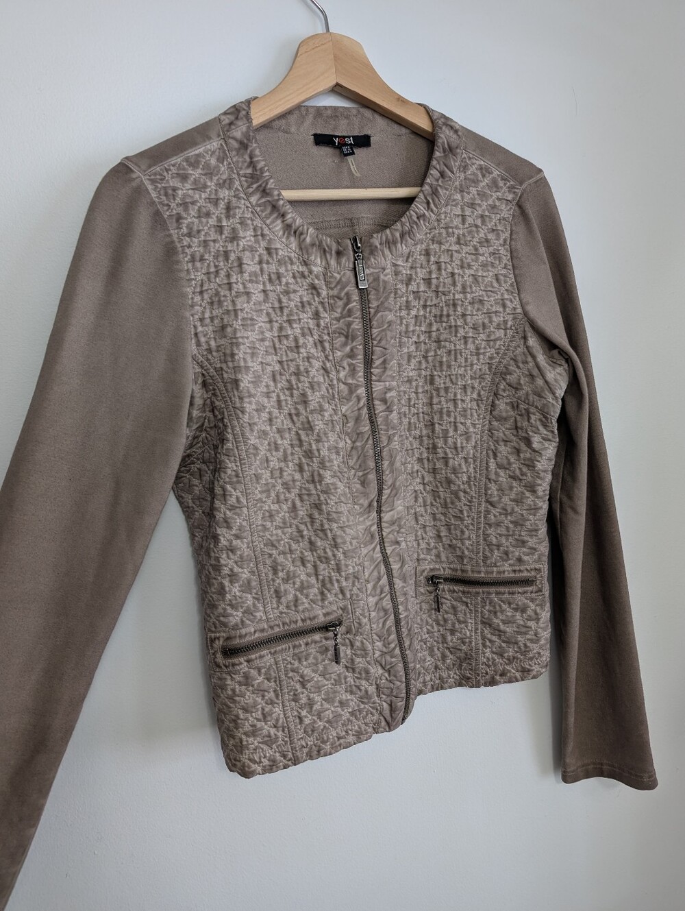 Y2k Yest Euro Jacket Tan Zip Up Quilted Fitted Sweater Distressed Cotton Boho